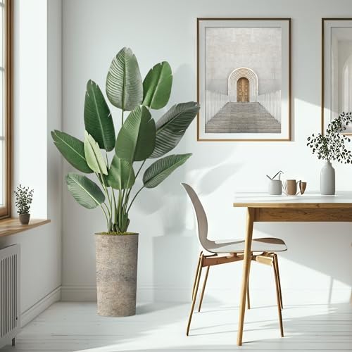 Artificial Tree in Off-White Texture Planter, Fake Bird of Paradise Silk Tree for Indoor and Outdoor Home Decoration - 67" Overall Tall (Plant Pot Plus Tree) - style: Bird of Paradise