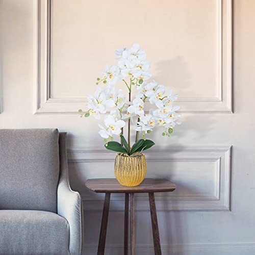 Ziwon Artificial Orchid Flowers & Plants Potted in Ceramic Pot, White Faux Phalaenopsis Orchids for Table Centerpiece, Realistic Fake Flower Arrangement for Home Office Decor Indoor - color: White & Gold 04