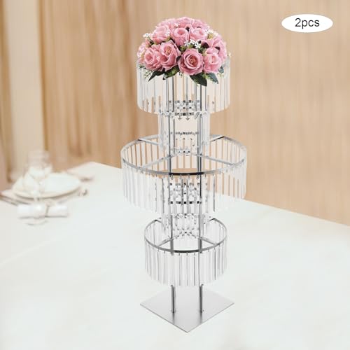 2Pcs 5 Tiers Wedding Centerpieces Vase, 43.3" Tall Wedding Centerpieces Crystal Flower Stand, 5-Tier Crystal Vase with 11.81" Square Base for Party Event Home Decoration (Silver) - color: Silver+square Base