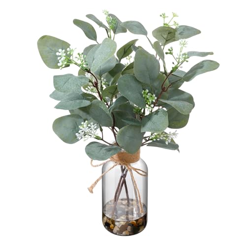 15.74” Artificial Eucalyptus Stems in Glass Vase with Faux Water & Natural Stones, Lifelike Fake Greenery for Modern Farmhouse Home Decor, Bathroom Decor, Office Desk Centerpiece - color: Sl-0975