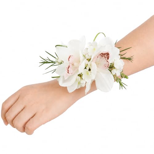 Rinlong 2Pcs White Orchid Wrist Corsage for Wedding, Prom, Homecoming | Bridesmaid Wristlet, Mother of the Bride Flower Corsage - color: 07-boat Orchid