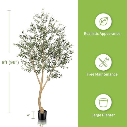 Realead 8ft Faux Olive Tree, Large Realistic Olive Trees Artificial Indoor, Tall Fake Olive Tree with Natural Wood Trunk and Lifelike Fruits for Home Office Decor - size: 8ft