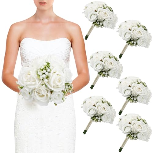 Wedding Bridesmaid Bouquets Set of 6, Artificial Silk Flowers Arrangement for Ceremony Marriage Proposal Party Anniversary Decorations - White - color: White, size: Set of 6 Bouquets
