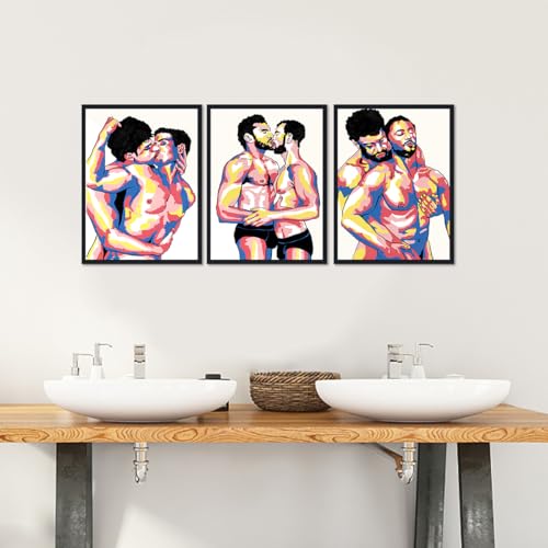 Gay Man Triptych Canvas Wall Art Male Couple Kiss Hug Posters Abstract Love LGBTQ Adult Men Prints Artwork Wall Decor for Apartment Bedroom Bathroom Hotel Bar Framed Ready to Hand 12x16inchx3pcs - color: Art08, size: 12x16x3Pcs Black Framed