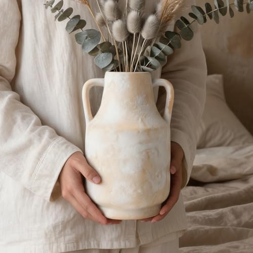 Ceramic Flower Vase, 10.6" Rustic Farmhouse Decorative Vase, Wide Ceramic Pottery Vase for Fresh Flowers, Pampas Grass, Living Room, Fireplace Mantel, Table and Shelf Decor - color: Rustic-6.7"l X 6.3"w X 10.6"h