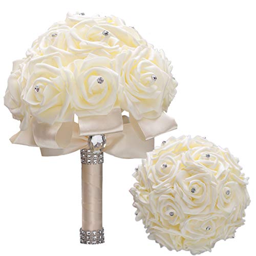 WIFELAI-A Ivory Cream Bouquet for Bride Bridesmaids with Diamond Soft Ribbons Artificial PE Rose Bridal Holding Flowers for Wedding, Party and Church(Dia:8.26inchH:10inch Ivory W2018)… - color: Ivory Cream