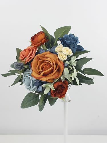 Rinlong Navy Terracotta Bridesmaid Bouquet, Fall Wedding Bouquets | Bridal Bouquet, Prom, Homecoming, Destination Friendly - color: 02-navy & Terracotta