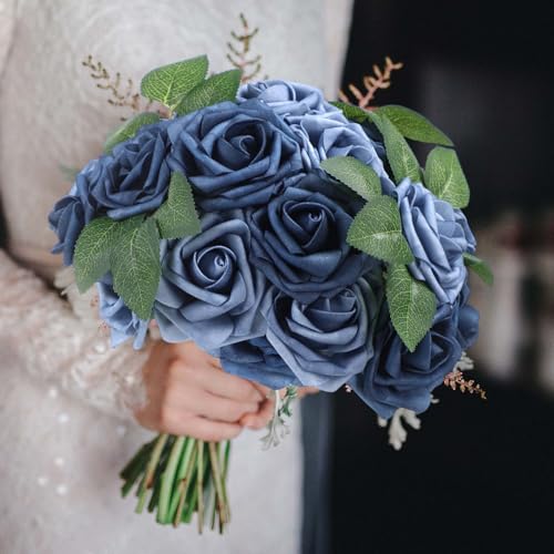 50 Pcs Artificial Foam Rose Flower Faux Bouquet Wedding Fake Rose Gift for Mother's Day Women DIY Bridal Shower Party Table Birthday Home Spring Decor (Dusty Blue Shades) - color: Dusty Blue