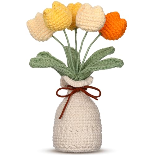 Marsui Crochet Knitting Tulip Bouquet with Vase 7" Knitted Artificial Forever Tulip Handmade Woven Flower with Exquisite Pot Gift for Father's Gifts Back to School Gift Family Home Desk Decor(Yellow) - color: Yellow, style: Tulip
