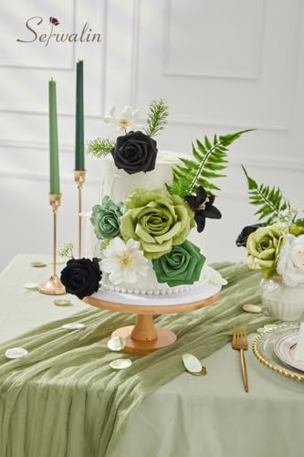 Serwalin Green Artificial Flowers, Black Silk Fake Flowers Greenery Stems for DIY Wedding Bridal Bouquets, Wedding Cake Flowers for Table Centerpieces Baby Shower Birthday Party Home Decorations - color: Black & Green, size: Square