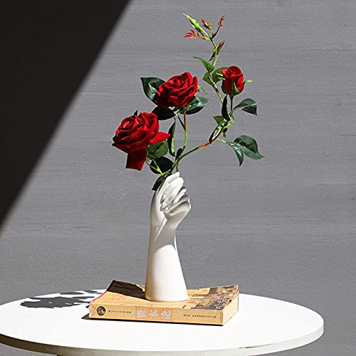 9 Inch Modern Art Ceramic Flower Vase Hand Holding Plants Flower Container, Tabletop White Arm vase for Home Office Decoration