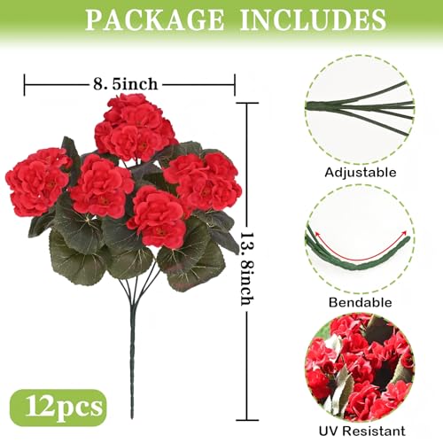 Waipfaru 12Pcs Artificial Fake Flowers for Outdoors, UV Resistant Outdoor Faux Plants, Silk Geraniums Red Flower for Garden Porch Planter Patio Balcony Yard Indoor Home Decoration (12, Red) - color: Red, size: 12 PCS
