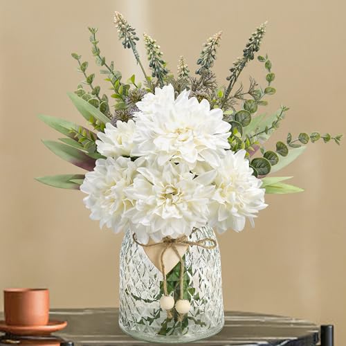 Der Rose Fake Flowers in Vase Silk Artificial White Flowers Arrangements with Glass Vase for Dinning Coffee Table Centerpieces Home Kitchen Farmhouse Wedding Decor - color: White