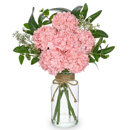 Hollyone Pink Hydrangea Artificial Flowers in Clear Glass Vase with Faux Water Silk Hydrangeas Fake Flowers Floral Arrangement for Home Bathroom Kitchen Office Table Centerpiece Shelf Decorations - color: Pink