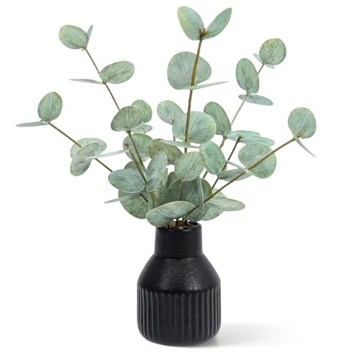 FIACO Artificial Eucalyptus Stems in Ceramic Vase, 14" Fake Plants for Home Decor, Coffee Table Centerpiece Bathroom Shelf Dining Table Farmhouse Faux Greenery Plants Indoor Decorations - color: Green Eucalyptus - Black Striped Ceramic Vase
