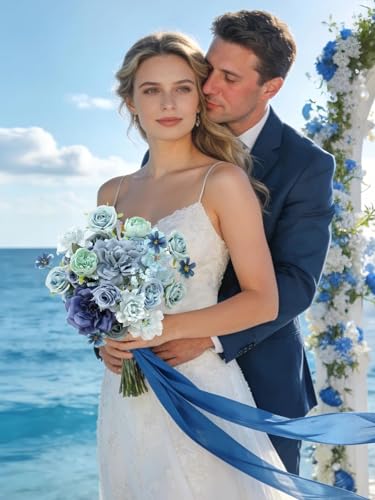 Artificial Flowers Combo Box Blue Flowers Silk Fake Roses with Stems for DIY Wedding Bridal Bouquets,Table Centerpieces,Cake Floral Arrangement,Baby Shower,Birthday Party Home Decorations - color: Blue