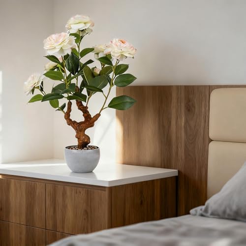 TOARTi Artificial Camellia Potted Plant with Stone Pot, 20" Tall Fake Potted Flowers Faux Desk Plant, Realistic Decorative Plants Indoor Decor for for Home Bedroom Bathroom Office Desk - color: Camellia-single Stems