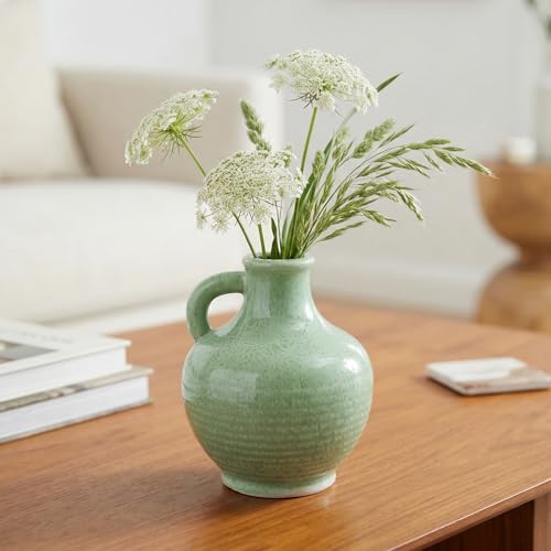 Sunddo Green Ceramic Vase for Centerpieces - 6 Inch Modern Decorative Vase with Handle, Small Pitcher Vases for Home Decor, Living Room Kitchen Bedroom Entryway Mantel Shelf Decor - color: Green - 6, size: 6 Inch