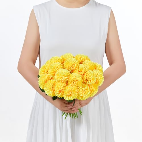 SITUMEIZI 12 Pcs Yellow Artificial Chrysanthemums Flowers Ball Flower Fake Mums Silk for Fall Thanksgiving Day Wedding Home Kitchen Decoration Floral Arrangement - color: Yellow, size: 12 Pieces