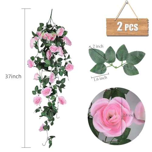 RECUTMS Artificial Pink Roses Fake Hanging Flower Plants, 2PCS 37 Inch Silk Floral Ivy Garlands for Outdoors Home Room Garden Wedding Bridal Shower Friendship Valentine’s Day Indoor Party Decoration - color: Pink, size: 2 pcs
