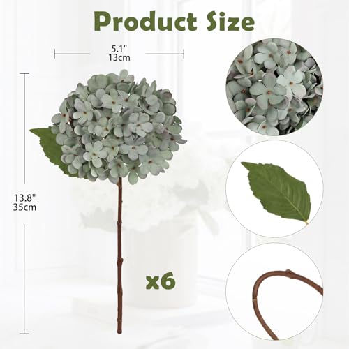 Hollyone 6Pcs Grey Blue Hydrangea Artificial Flowers Faux Real Touch Hydrangeas Silk Flowers with Stem Fake Spring Florals Flower for Home Wedding Table Centerpiece Vase Arrangements Fall Decoration