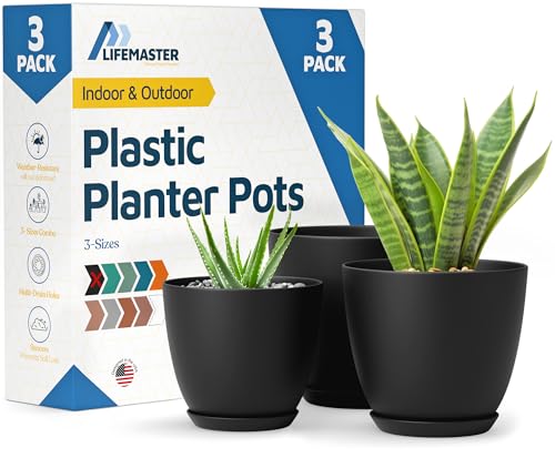 Black Plant Pots with Drainage Holes & Saucers 3 Pack, Indoor & Outdoor Stackable Space-Saving Planters for Houseplants & Flowers, (7", 6.7", and 6" Inches), Durable & Weatherproof Materials - color: Black, size: Pack of 3