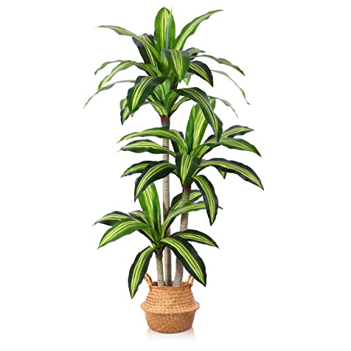 Ferrgoal Artificial Plants, 5 Ft Dracaena Tree Faux Plants Indoor Outdoor Decor Fake Tree with Woven Seagrass Basket Plants for Home Decor Office Living Room Porch Patio Housewarming | Tall Fake Plant With Realistic Leaves,Floor Plant for Home Décor Offic