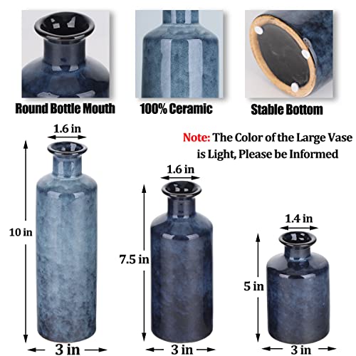 Blue Ceramic Vase Set - 3 Blue Small Vases, Farmhouse Country Flower Vase Home Decor, Living Room Decoration, Table Decoration, Fireplace Decor, and Entrance Decorations Centerpieces - color: Blue