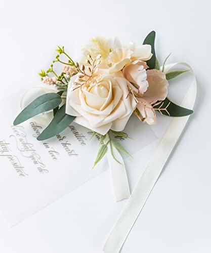 Set of 2 Wrist Corsage Wristlet for Wedding Bridesmaid Mother Grandmother for Bridal Shower Wedding Artificial Roses Flower Prom (Champagne) - color: Champagne
