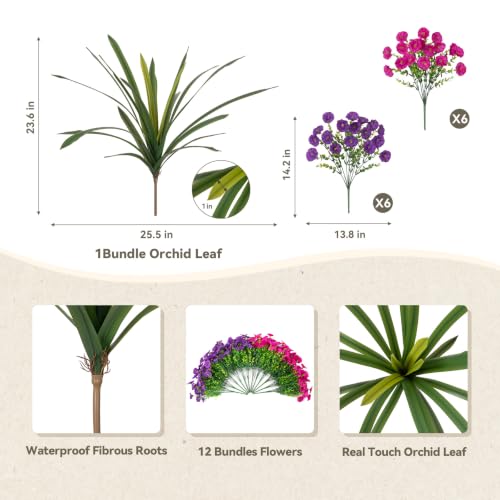 Artificial Flowers for Outdoors Fake Plants Outside, 12 Bundles Silk Morning Glory with Eucalyptus + Orchid Leaf UV Resistant Realistic Faux Flowers for Porch Planter Garden Patio (Purple Fuchsia) - color: Purple Fuchsia