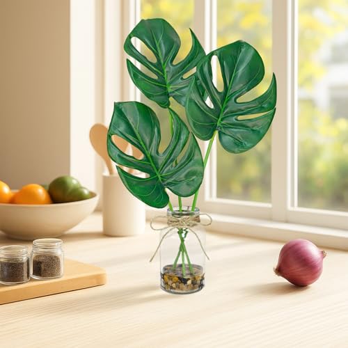 2 Pack Artificial Monstera Leaves in Glass Vase, 14" Fake Plants with Faux Water Stones, Small Faux Plants for Kitchen Bathroom Shelf Coffee Table Decor - color: Pure Green