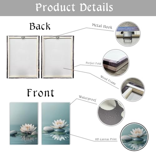 Zen Wall Art 2 Panel White Lotus Pebble In Water Picture Canvas Print Blooming Floral Poster Calming Painting Framed Artwork for Yoga Spa Room Decor(Artwork-1,24"x36"x2pcs) - color: Artwork-1, size: 24"x36"x2pcs