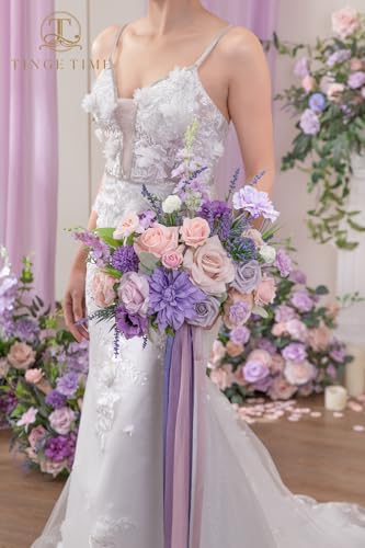 TINGE TIME 13 Inch Artificial Flower Wedding Bouquets for Bride, Cascading Bridal Bouquet for Wedding Bouquet for Wedding Ceremony and Anniversary(Violet&Mistyrose) - color: Violet & Misty Rose