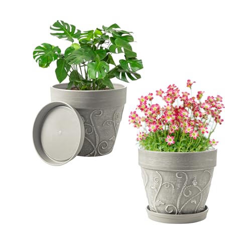 Melphoe Plant Pots Indoor with Drainage & Saucer, 2Pack 7 inch Flower Pots Outdoor Planters for Indoor Plants Garden Home Decor Cactus Succulent, Rigid Plastic (Imitation-Terracotta) Vine-Embossed - color: Cement Grey Color, size: 7''