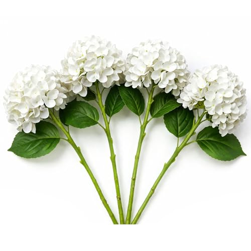 4 Pcs Faux Hydrangeas Real Touch Hydrangea Artificial Flowers Latex Large Fake Flower Long Stems for Wedding Home Party Table Centerpieces Decor (White) - color: White