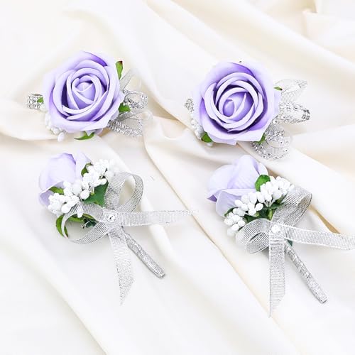4Pcs Purple Rose Corsage and Men Boutonniere Set Women Wristlet Band Wrist Bracelets, for Prom Wedding Ceremony Flowers Decorations and Homecoming Party Accessories - color: Purple, size: 2 Boutonniere & 2 Wrist Corsage