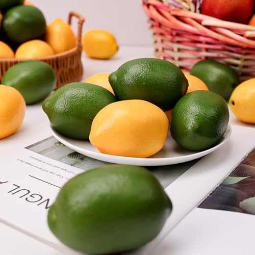 Gresorth 12pcs Yellow & Green Artificial Lifelike Simulation Lemon Fake Fruit Home Kitchen Cabinet Decoration - color: Yellow, Green
