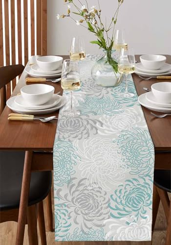 PIEPLE Aqua Chrysanthemum Flowers Table Runner-Cotton Linen-Long 13x90inches Dresser Scarves,Floral Grey Tablerunner for Kitchen Coffee/Dining/End Table Bedroom Living Room,Scarf Decor for Holiday - color: Texturezld5372, size: 13x90 Inch