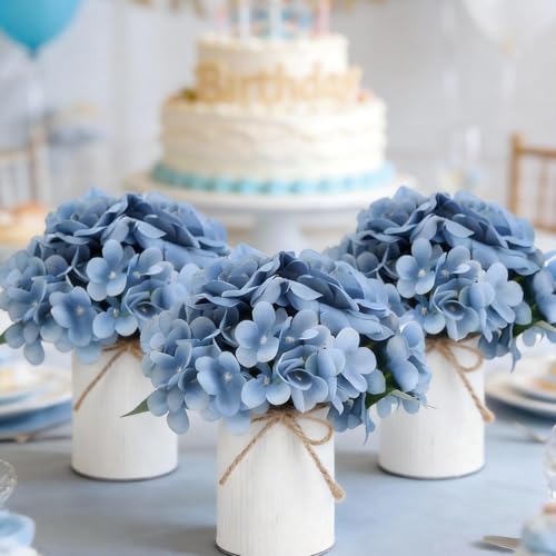 Flower Table Centerpieces - Set of 6 Floral Arrangement Artificial Wedding Hydrangeas Floral Arrangement with Rustic Metal Vase for Bridal Tea Party Event Decorations - Dusty Blue - color: Dusty Blue