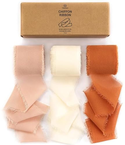 Vitalizart Fall Handmade Chiffon Silk Ribbon Fringe 1.5" x 21 Yd Terracotta Cream Frayed Edges Ribbons for Wedding Invitations Bridal Bouquets Gifts Wrapping Crafts Holiday Party Decorations - color: Terracotta & White
