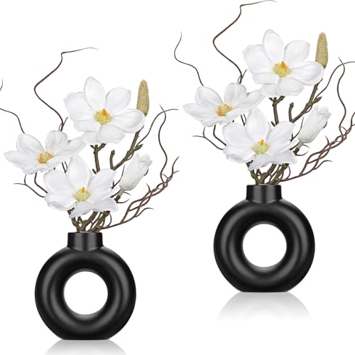Briful 2PCS Magnolia Artificial Flowers with Black Vase White Magnolia Floral Arrangement Faux Potted Silk Flowers for Home Office Bathroom Kitchen Shelf Table Centerpiece Modern Decor - color: White Black