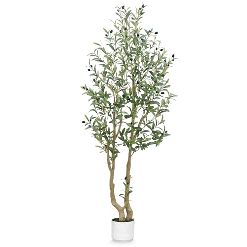 HZXGCP Olive Tree 5ft, Artificial Olive Tree with White Pot, Fake Tree with 1152 Dense Leaves & 64 High-Simulated Olive Fruits - Easy Assembly, Low Maintenance (Olive Tree 5ft) - color: Olive Tree 5ft