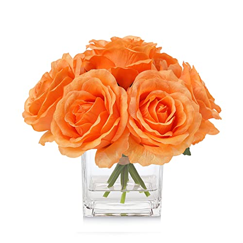 Silk Rose Artificial Flowers in Vase, Faux Floral Arrangement with Fake Water in Vase for Home Decor, Wedding Table (Orange) - color: Orange