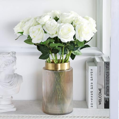 White Fake Roses Artificial Flowers - 16 Pcs Fake Artificial Roses Silk Flowers with Stems for Home Wedding Hotel Office Centerpiece Decor - color: White, size: 16 Pcs