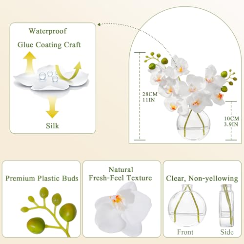 White Textured Coated Silk Artificial Orchid Flowers with Clear Glass Vase and Faux Water, 11" Faux Phalaenopsis Orchid Arrangement Centerpiece for Dining Table Bathroom Decor - color: A-white
