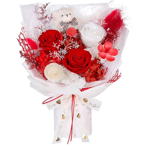 Preserved Flowers Bouquet with Bear, 3 Real Forever Flowers for Delivery, Long-Lasting Red Eteranl Roses Bouquet, Anniversary Birthday Gifts for Women Mom Her Girlfriend Wife - color: Red