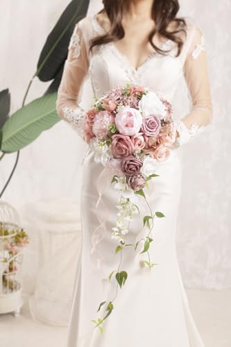 Bridal Bouquet Cascading, Dusty Rose Wedding Bouquets for Bride Bridesmaid 10" Artificial Flowers Bouquet for Wedding Decor - color: Dusty Rose & White