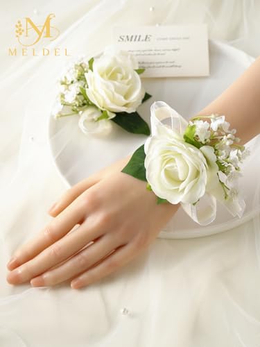 6Pcs Ivory White Faux Rose Wrist Corsages for Wedding, Dance Party | Mother of Bride & Groom, Bride Bridesmaids Pearl Wrist flowers for Wedding Prom Homecoming Party - color: White Wrist Corsage 6pcs