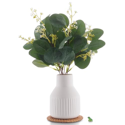 Artificial Eucalyptus Greenery Stems in Ceramic Vase,10Pcs Fake Plants Eucalyptus Leaves faux Plants for Centerpiece Table Decorations Home Room Decor office desk decor Greenery Decor indoor (White) - color: White