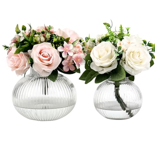 Round Glass Vases Set of 2, Flower Vases for Bouquet, Ribbed Glass Vase for Flowers, Small Clear Vase for Living Room, Office, Coffee Table, Shelf, Wedding - color: Clear, size: Round+Medium